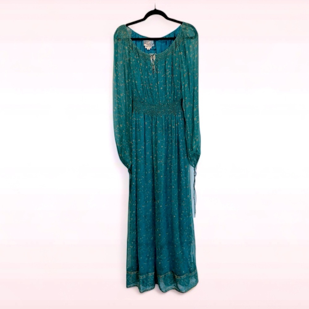 TREACY LOWE LONDON vintage 70s BLUE silk smocked peasant DRESS BOHO chic LARGE - Picture 5 of 9